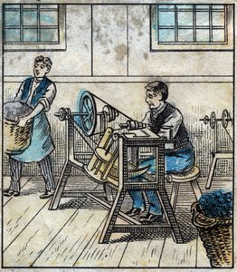 Tekstil, linned: værksted. Sytråden lægges ud på kort eller ruller i en kugle. Gravering. Epinal billeddannelse sidst i det 19. århundrede. af French School