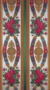 Tekstil med guirlander af tusindfryd og buketter af roser af Cousin og Bony, Bissardon, Lyon, 1811 (broderet satin) af French School