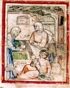 Thamar (Tamar) føder to tvillinger, Perets og Zerah, søn af Juda, miniature fra codex 212 (eller padovano codice eller Bible of Padua) 1390-1400 af French School
