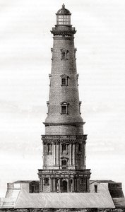 Det 17. århundrede Cordouan fyrtårn, nær mundingen af Gironde-mundingen i Frankrig, set her efter dets udvidelse i det 18. århundrede, fra Les Merveilles de la Science, udgivet ca. 1870 (gravering) af French School