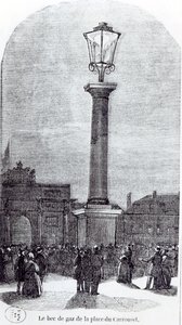 Den 1. gaslampe i Paris på Place du Carrousel i 1818 af French School
