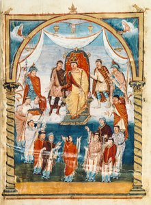 Abbeden Vivian omgivet af munke fra St. Martin af Tours præsenterer bogen til Charles II den Skaldede, 9. århundrede (miniature) af French School