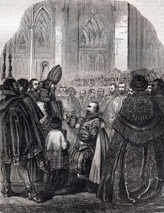 Afsættelsen af Henrik IV, konge af Frankrig ved Saint Denis den 25. juli af French School