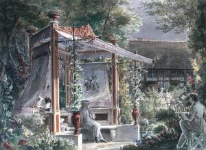 Arkitekten Jacques Ignace Hittorff (1792-1867) i sin have i Paris (gouache på papir) af French School