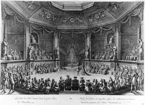 Balsalen givet i den lille Parc de Versailles, gravering 1678. af French School
