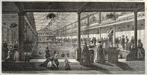 Badene på Hotel Lambert, Ile Saint-Louis, Paris, midten af 1800-tallet - Hotel Lambert, Ile Saint-Louis, svømmeskole for damer - Bain Lambert - - Indgravering i "Tableau-de-Paris" af Edmond Texier 1852 af French School