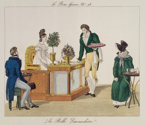 The Beautiful Lemonade sælger, tallerken 98 fra le Bon Genre, ca. 1810 (farvegravering) af French School