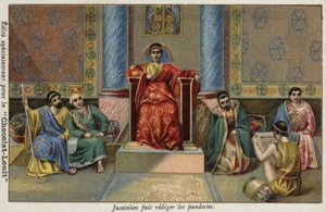 Den byzantinske kejser Justinian I dikterer Pandects, 6. århundrede af French School