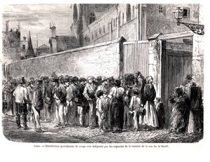 Kapucinerne i rue de la Sante distribuerer den daglige suppe til de fattige, fra Le Monde Illustre, 1860 af French School