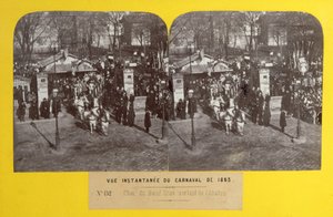 Karnevallet i 1863 i Paris, den fede okseflyder forlader slagteriet, stereoskopisk udsigt, 1863 af French School