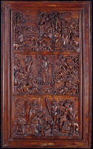 The Credo, Panel I: The Creation of the World, Transfiguration, Annunciation and Nativity, 1587 (træ) (se også 414037-9) af French School