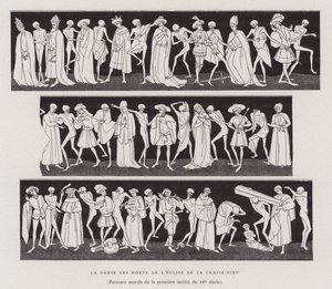 De dødes dans i la Chaise-Dieu-kirken, første halvdel af det 15. århundrede (litho) af French School