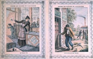 Farerne ved alkoholisme, omslag til en skolebog. ca. 1900 (farve litho) af French School