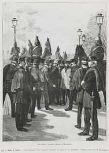 Fagforeningernes delegation i Pont de la Concorde under demonstrationen den 1. maj i Paris, 1. maj 1890, indgraveret af L. Moulignie, gengravering) af French School