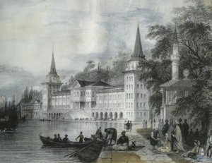 Dolmabahce-paladset ved Bosporus, 1840 (farvegravering) af French School