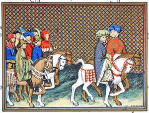 Hertugerne af Exeter og Surrey sendt af Richard II fra Conway castle til Chester for at behandle med hertugen af Lancaster, faksimilekopi fra Le Prinse et Mort du Roy Richart af Jean Creton, genoptrykt 19. af French School