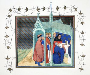 Jarlen af Northumberland ved højmesse i kapellet ved Conway Castle aflægger sin forræderiske og fatale ed, faksimilekopi fra Le Prinse et Mort du Roy Richart af Jean Creton, genoptrykt 1800-tallet af French School