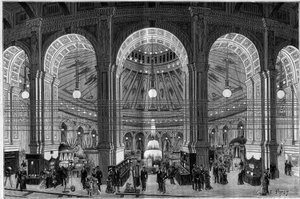 Electricite Exhibition i Wien (Østrig), en oversigt over den store rotunde oplyst af elektrisk lys. Indgravering i "" Nature. Gennemgang af videnskab og dens anvendelser til kunst og industri. 1884. af French School