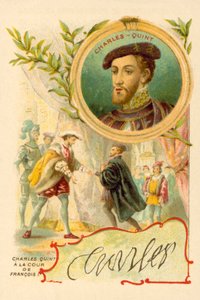 Kejser Karl V ved hoffet til Frans I af Frankrig (chromolitho) af French School