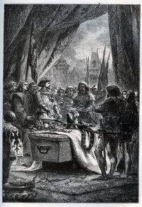 Den engelske guvernør i Chateauneuf de Randon (Chateauneuf-de-Randon, Auvergne) overgav sig og kom til at lægge nøglerne til pladsen på Bertrand du Guesclins (1320-1380) kiste, den 13. juli 1380, foran hvem byen lå. belejring. Le connetable die af French School
