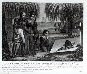 Familien til general Henri-Gratien Bertrand (1773-1844) ved Napoleon Bonapartes grav (1769-1821) 1821 (litho) (bw foto)