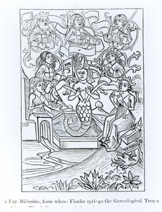 Fay Melusine, fra hvis flanker udspringer Kongernes og Kejsernes Genealogiske Træ, illustration fra Videnskab og Litteratur i middelalderen og renæssancen, skrevet og indgraveret af Paul Lace af French School