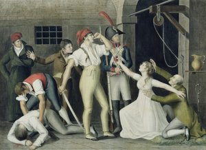 Madamemoiselle de Sombreuils sønlige og heroiske hengivenhed i september 1792, ca. 1800 (pen og blæk, wc og gouache på papir) af French School