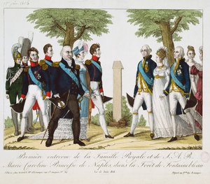 Det første møde mellem Louis XVIII (1755-1824) og Marie-Caroline-Ferdinande (1798-1870) af Bourbon, ved Croix de St. Herem i Fontainebleau-skoven, 15. juni 1816, 1816-30 (farvet engr. af French School