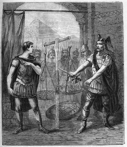 Den galliske hærleder Brennos (Brennus) besejrer romerne og proklamerer "" Vae Victis"" (Ve de besejrede), gallerne krævede løsesum efter deres erobring af Rom - Brennus leder af den galliske stamme af Senons udtaler den skæbnesvangre Vae offer af French School