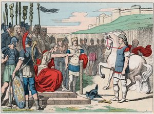 Den galliske kok Vercingetorix (80-46 f.Kr.) tager til Jules Cesar (100-44 f.Kr.) til Alesia i 52 f.Kr. - Vercingetorix (72-46 f.Kr.) gallisk leder, overgiver sig til Cæsar i Alesia (Frankrig) - Indgravering af slutningen af det 19. århundrede i "" Nos Gir af French School