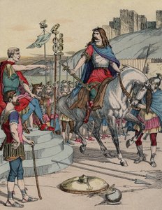 Den galliske høvding Vercingetorix (72-46 f.Kr.) overgav sig til den romerske høvding Julius Cæsar (100-44 f.Kr.) efter slaget ved Alesia i 52 f.Kr. - "" Den galliske leder Vercingetorix (72-46 f.Kr.) overgav sig til den romerske høvding Jules Cesar (100-4 af French School