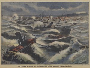 Den tyske damper Berger-Wilhelm støder på grund i en storm ud for Bizerte, Tunesien (farve litho) af French School