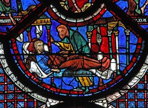 Det barmhjertige samaritanske vindue: samaritaneren passer den sårede mand (w44) af French School