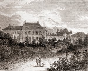 Huset i Gras, nær Chalon-sur-Saône, Frankrig, hvor den franske opfinder Nicéphore Niépce udviklede heliografi, fra Les Merveilles de la Science, udgivet ca. 1870 (stik) af French School