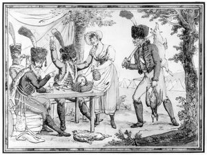 Husarerne og Vivandiere, 1803 (wc på papir) af French School