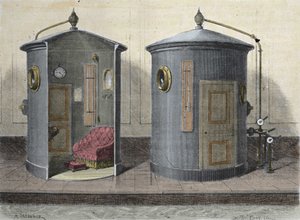Det hyperbariske kammer af Paul Bert (1833-1887), fysiolog og fransk politiker. Stik fra 1855. af French School