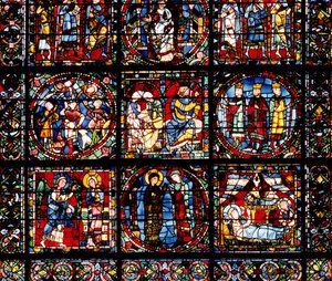 Inkarnationsvinduet, detalje af den nederste del, der viser bebudelsen, visitationen, fødselen, bebudelsen til hyrderne og magierne før Herodes af French School
