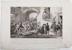 Indbyggerne, der afsætter Grenobles porte ved kejserens fødder, 6. marts 1815, udgivet af Martinet, 1815 af French School