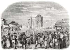 De uskyldige marcherer i Paris med springvandet - Indgravering i "Tableau-de-Paris" af Edmond Texier 1852 af French School