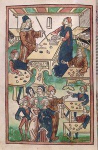 The Jewellers Shop, 1491 (farvet træsnit) af French School