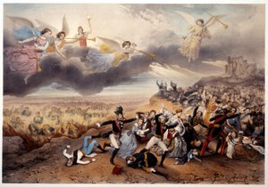 Guds dom Apokalypsens engle lyder med trompeter og annoncerer den sidste dom, før monarkerne og andre hovedpersoner i fransk historie, Napoleon I og repræsentanter for det gamle regime brænder i Helvedes flammer. Illustration lavet af French School