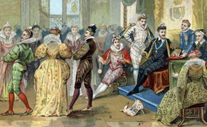 Kongen af Frankrig Henry III (1551-1589) omgiver sine cuties. Kromolitografi i slutningen af det 19. århundrede af French School