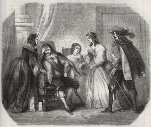 Kongen af Frankrig Ludvig XIII (1601-1643) bliver fanget med migræne, da han taler med dronning Anne af Østrig (1601-1666). Indgravering fra 1871 i "Histoire Des Cocus Celebres"" af Henry de Kock (1819-1892). af French School