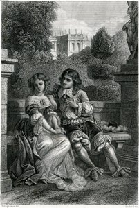 Frankrigs konge Louis XIV i galant selskab med Mademoiselle de la Vallière af French School