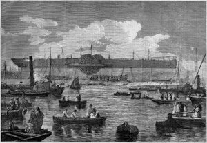"Leviathan" (Great Eastern), det første gigantiske linjeskib, under sit forsøg på at søsætte i 1857. Indgravering i "" Le Monde Illustré"" nr. 31 af 14. november 1857. af French School