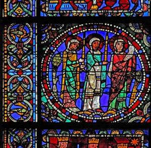 The Life of Christ-vinduet: Tre helgener, der overværer præsentationen i templet (med næste panel) (w50) af French School