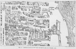 Louvre-distriktet i det 16. århundrede, faksimile af Truschet-planen af French School