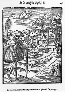 The Way in which to reduce in any form of ground to the Surveying Square, illustration fra LAgriculture et Maison Rustique af Charles Estienne, udgave udgivet 1641 af French School
