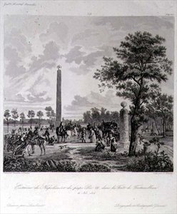 Mødet mellem Napoleon og pave Pius VII i skoven Fontainebleau, indgraveret af A. Lipinski, 26. november 1804 (stik) af French School
