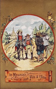 Mølleren, hans søn og æslet, ca. 1880 (farvet indgravering) af French School